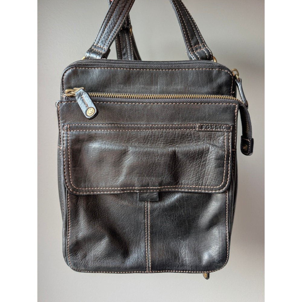 Fossil Vintage Black Leather Crossbody Bag Messenger Flap Pocket Contrast Stitch